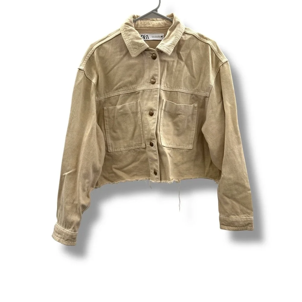Zara Cropped Denim Jacket Womens XL Tan Raw Hem Boxy Utility Button Front